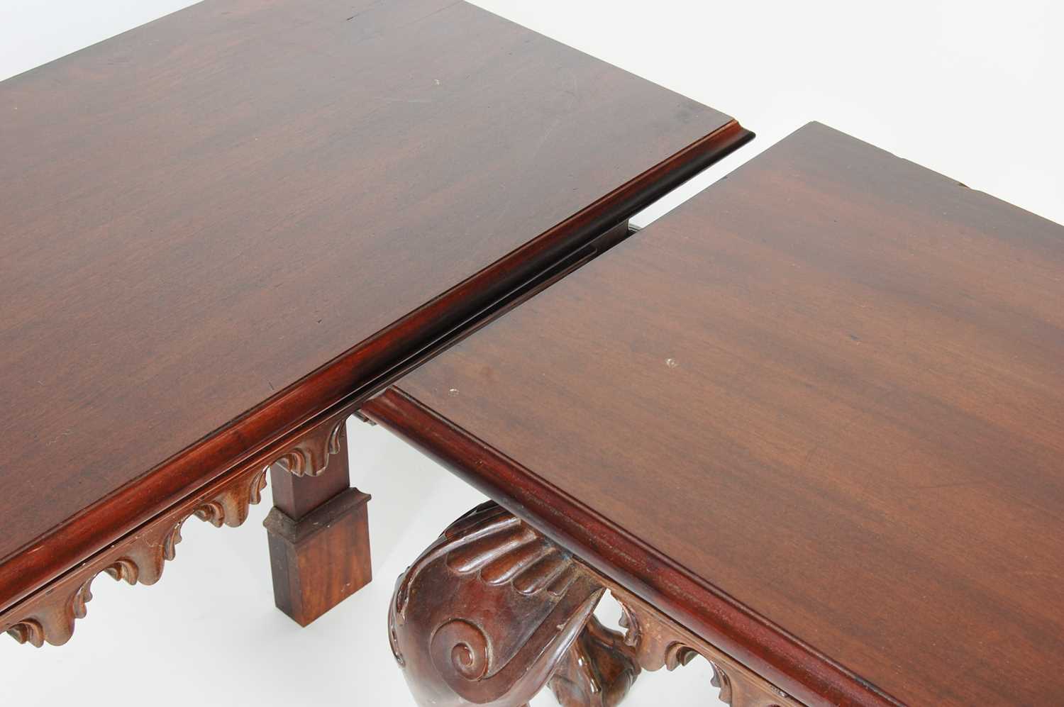 A pair of George III style mahogany console tables, the rectangular tops above a plain frieze with - Image 6 of 9