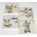 Four Chinese ceramic tiles, 20th century, one painted with a warrior, the other three decorated with