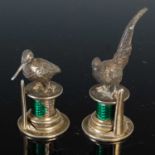 A pair of George V silver and green enamel menu holders modelled as game birds, London, 1910, makers