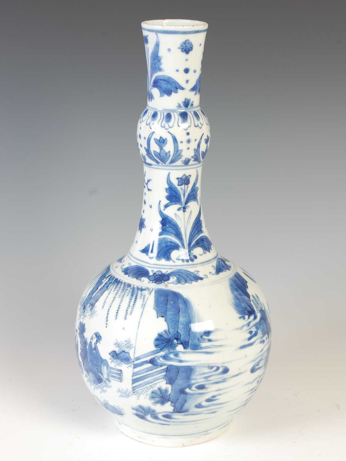 A Chinese porcelain blue and white bottle vase, Qing Dynasty, decorated with scholars and other - Image 2 of 8