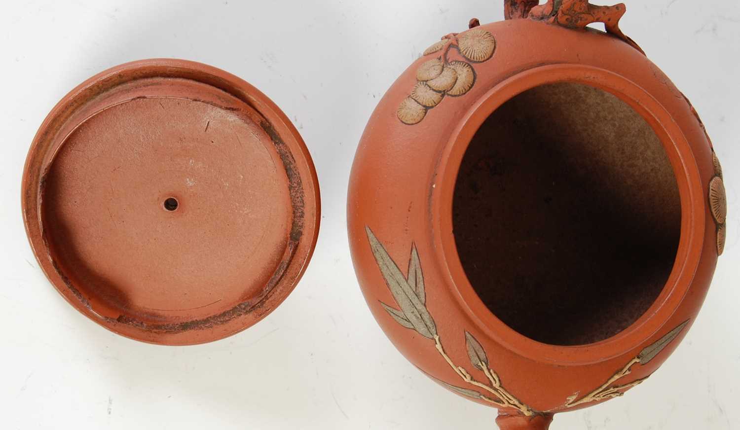 Three Chinese Yixing tea pots and covers, the largest decorated in relief with pine trees and - Image 7 of 14