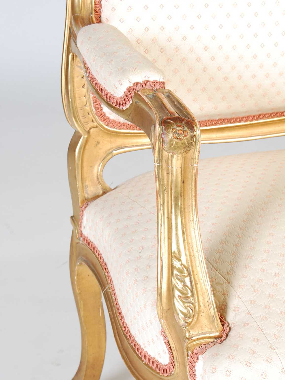 A late 19th / early 20th century giltwood three seat sofa, the rectangular upholstered back, arms - Image 2 of 7