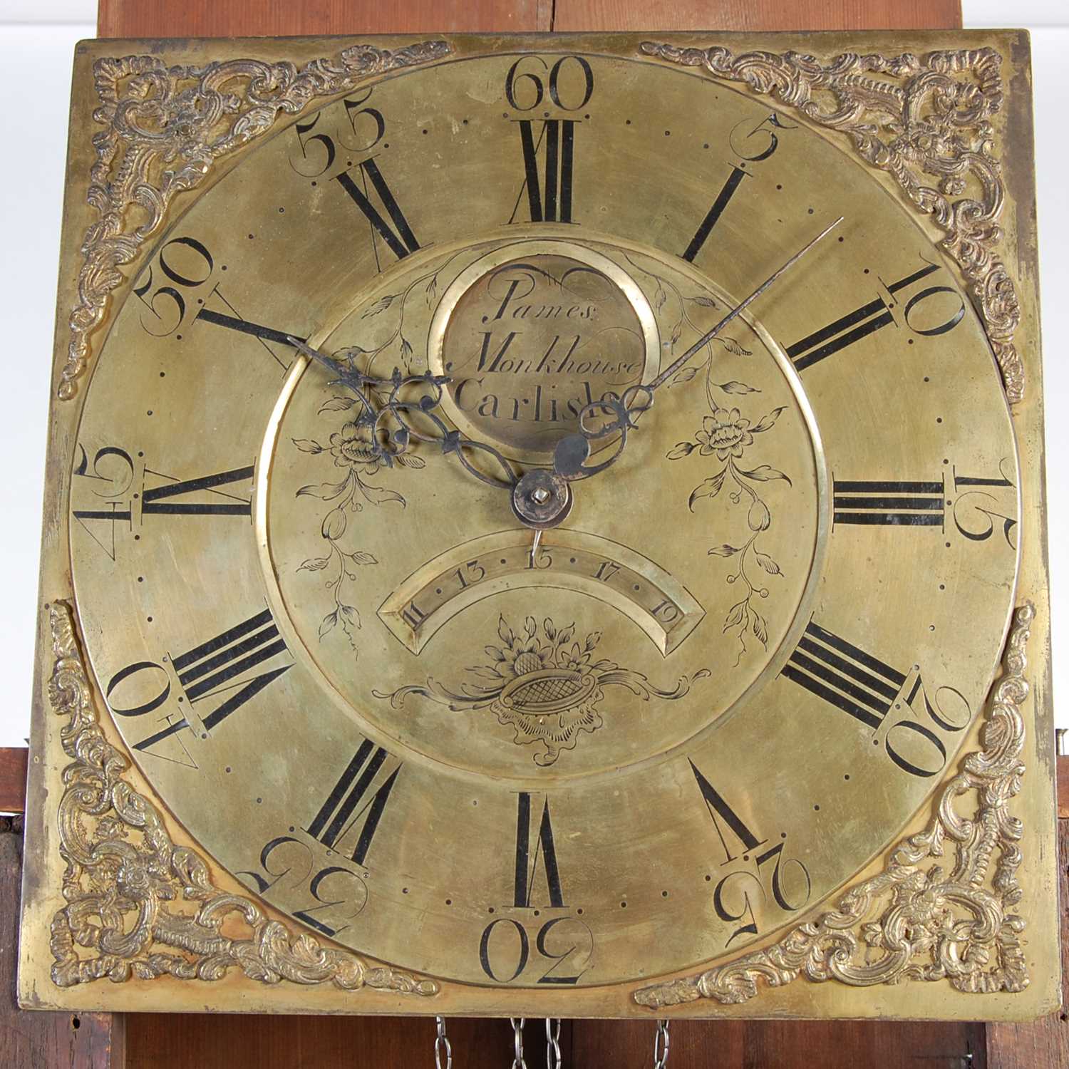 A late 18th/ early 19th century oak longcase clock, James Monkhouse, Carlisle, the brass dial with - Image 5 of 9