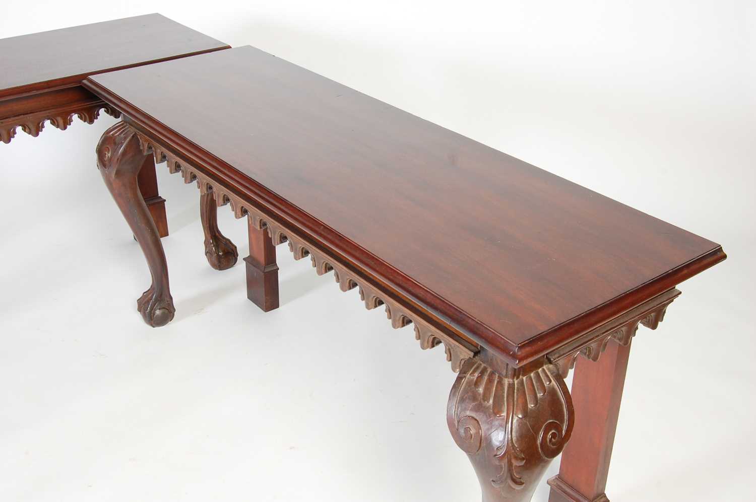 A pair of George III style mahogany console tables, the rectangular tops above a plain frieze with - Image 3 of 9
