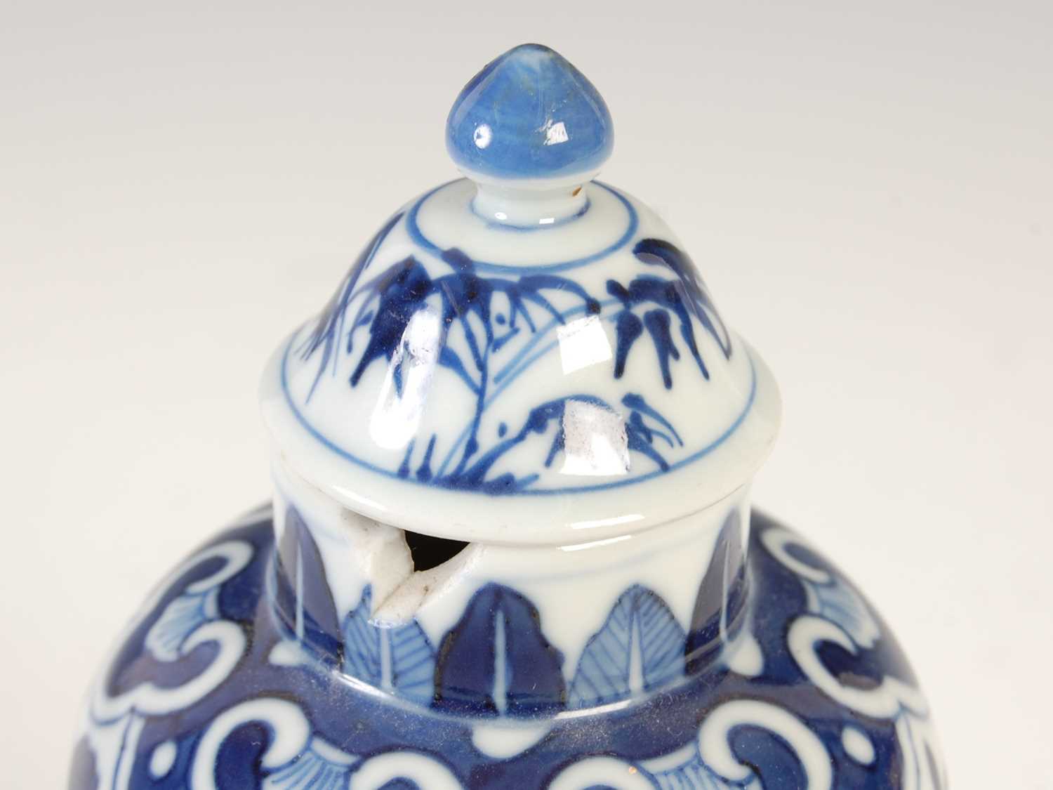 A Chinese porcelain blue and white jar and matched cover, Qing Dynasty, decorated with a pair of - Image 6 of 10