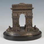 A late 19th century silvered bronze model of the Arc de Triomphe, on black marble oval plinth
