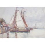 ARR AR Frank Henry Mason (1876-1965) Tethered fishing boats, Volendam, VD.335. watercolour, signed