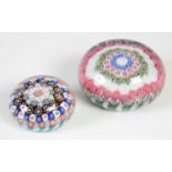 Two antique French millefiori basket paperweights, comprising small concentric weight with central