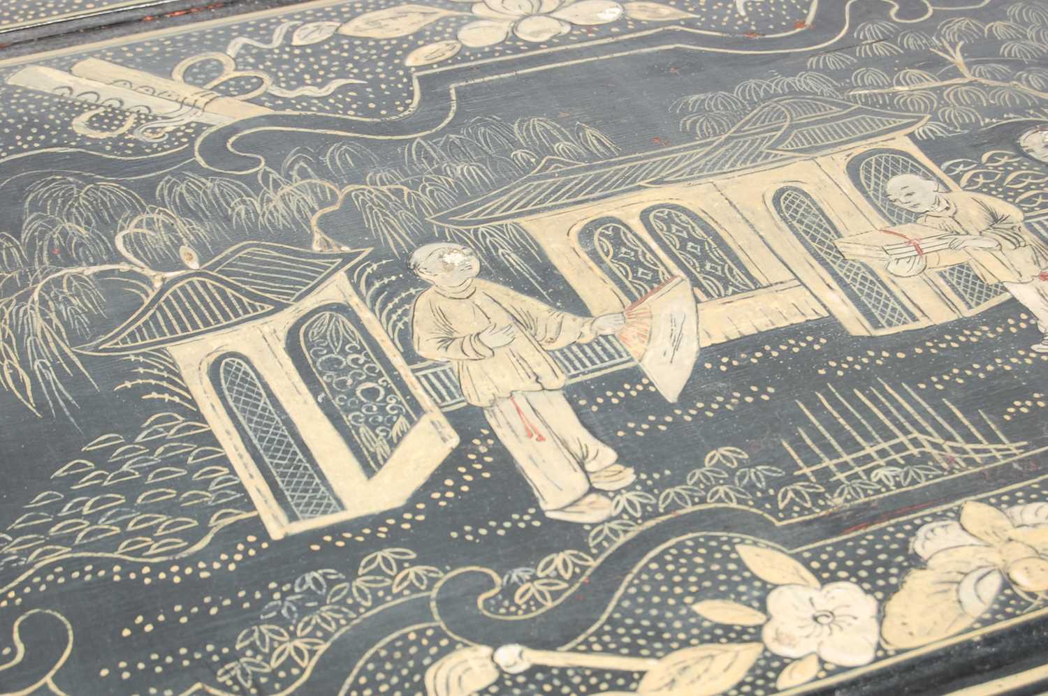 A Chinese black lacquer chinoiserie decorated coffee table, the rectangular top decorated with - Image 3 of 8