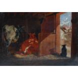 19th century British School Cattle in a barn with attendant dog oil on canvas 24.5cm x 34.5cm