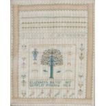 A 19th century needlework sampler by Elizabeth Mayor, 1824, worked in coloured threads to depict
