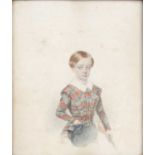 19th century British School Half length portrait of a boy holding a cap and gun watercolour,