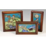 Three Chinese dark wood framed cloisonne enamel plaques, Qing Dynasty, one of square form