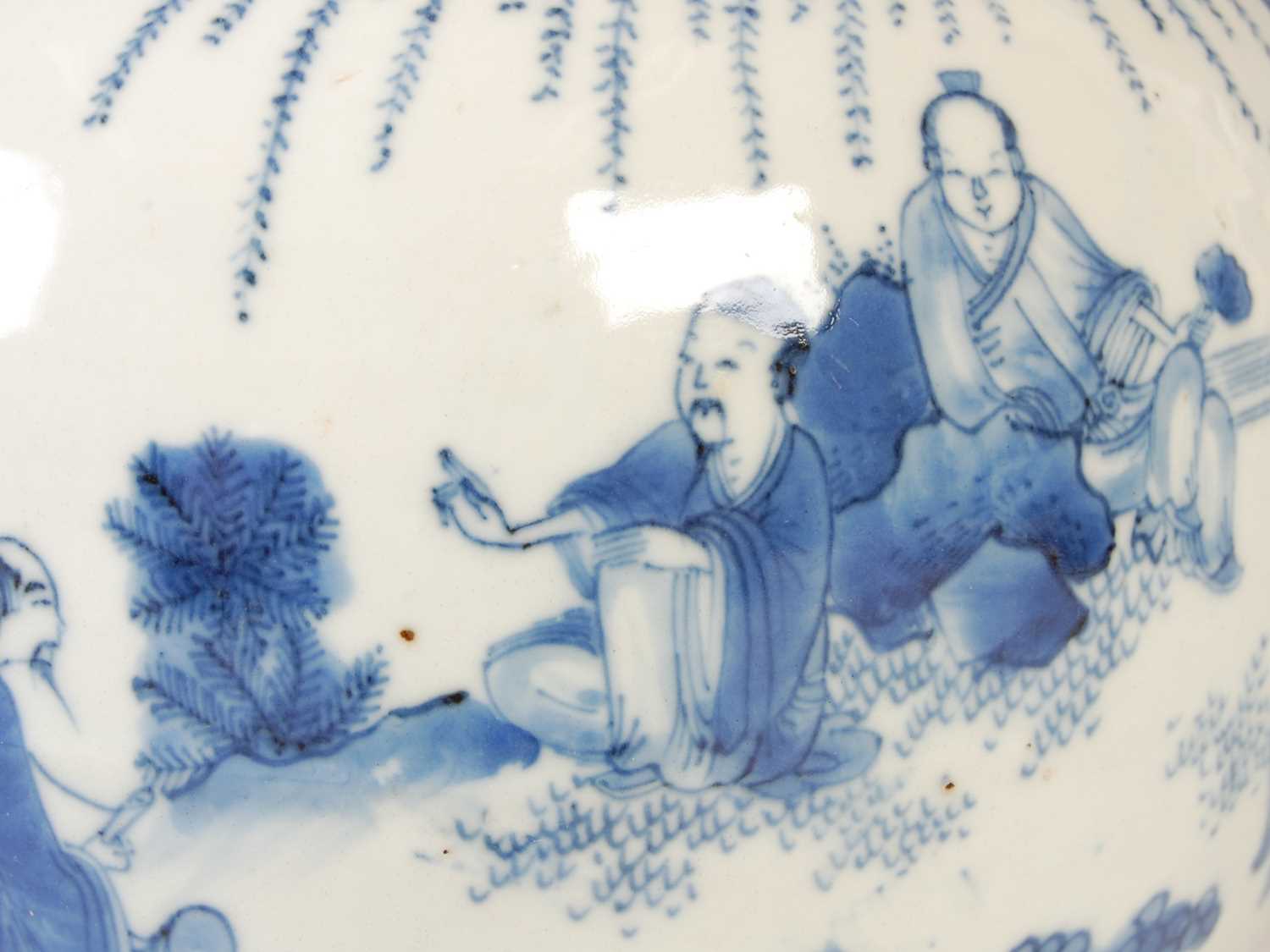 A Chinese porcelain blue and white bottle vase, Qing Dynasty, decorated with scholars and other - Image 6 of 8