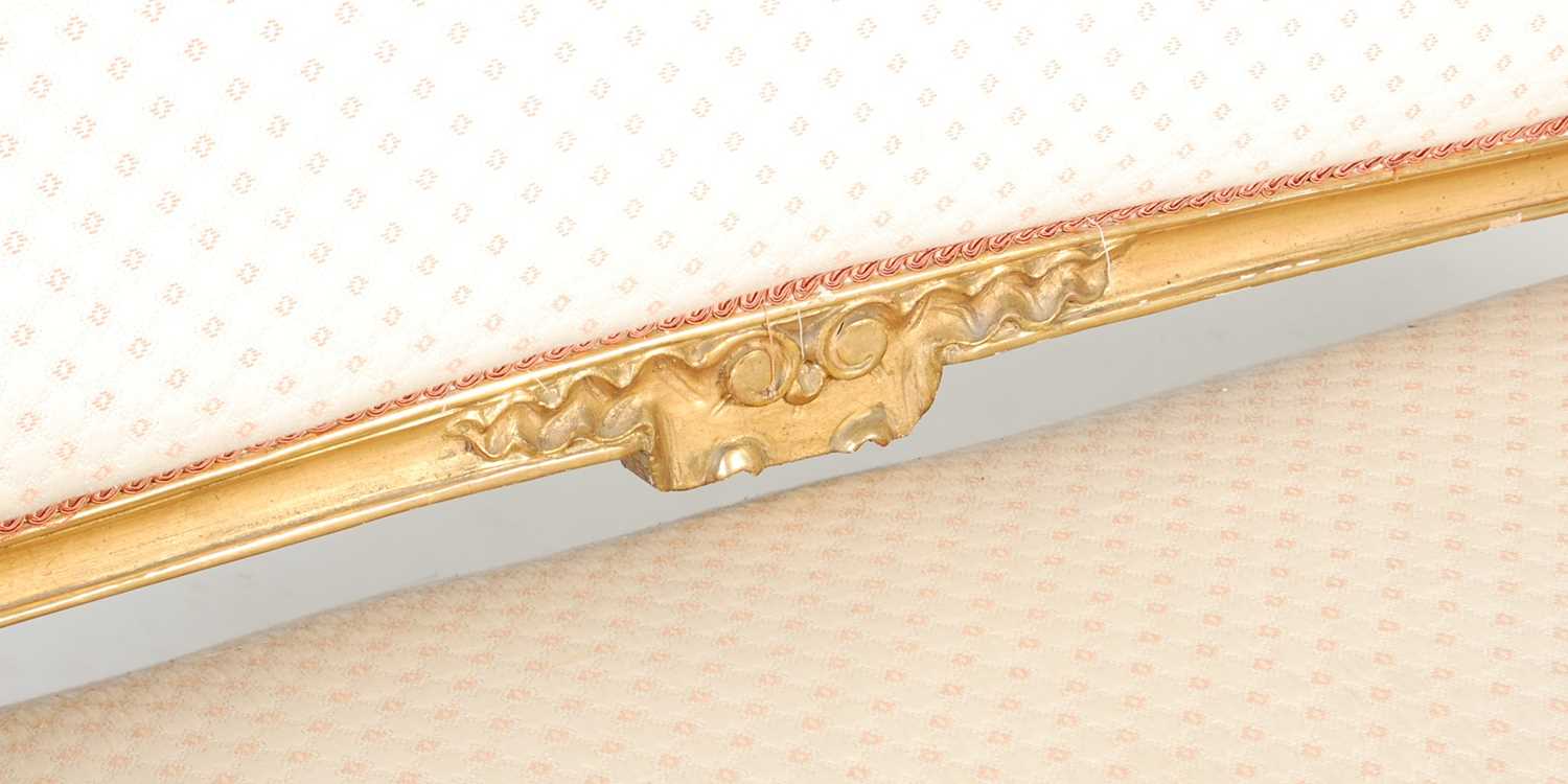 A late 19th / early 20th century giltwood three seat sofa, the rectangular upholstered back, arms - Image 6 of 7
