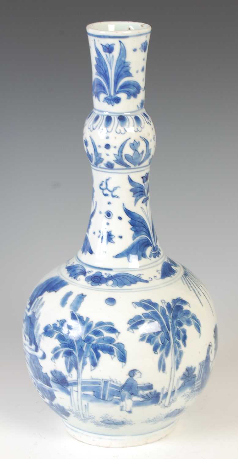 A Chinese porcelain blue and white bottle vase, Qing Dynasty, decorated with scholars and other - Image 3 of 8