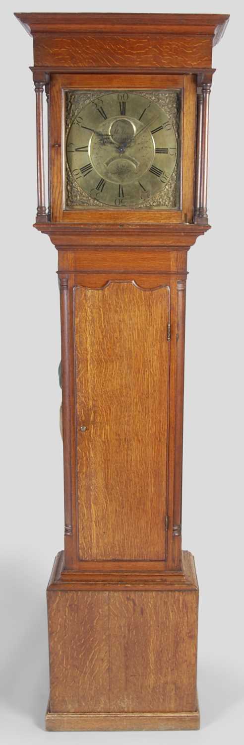 A late 18th/ early 19th century oak longcase clock, James Monkhouse, Carlisle, the brass dial with