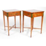A pair of early 20th century painted satinwood occasional tables, the square tops with foliate
