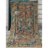 An antique Flemish Verdure tapestry wall hanging, the rectangular field with cartouche bearing three