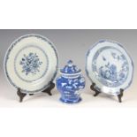 A group of Chinese blue and white porcelain, Qing Dynasty, comprising a circular plate decorated