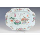 A Chinese porcelain famille rose octagonal-shaped meat plate, Qing Dynasty, decorated with peony and