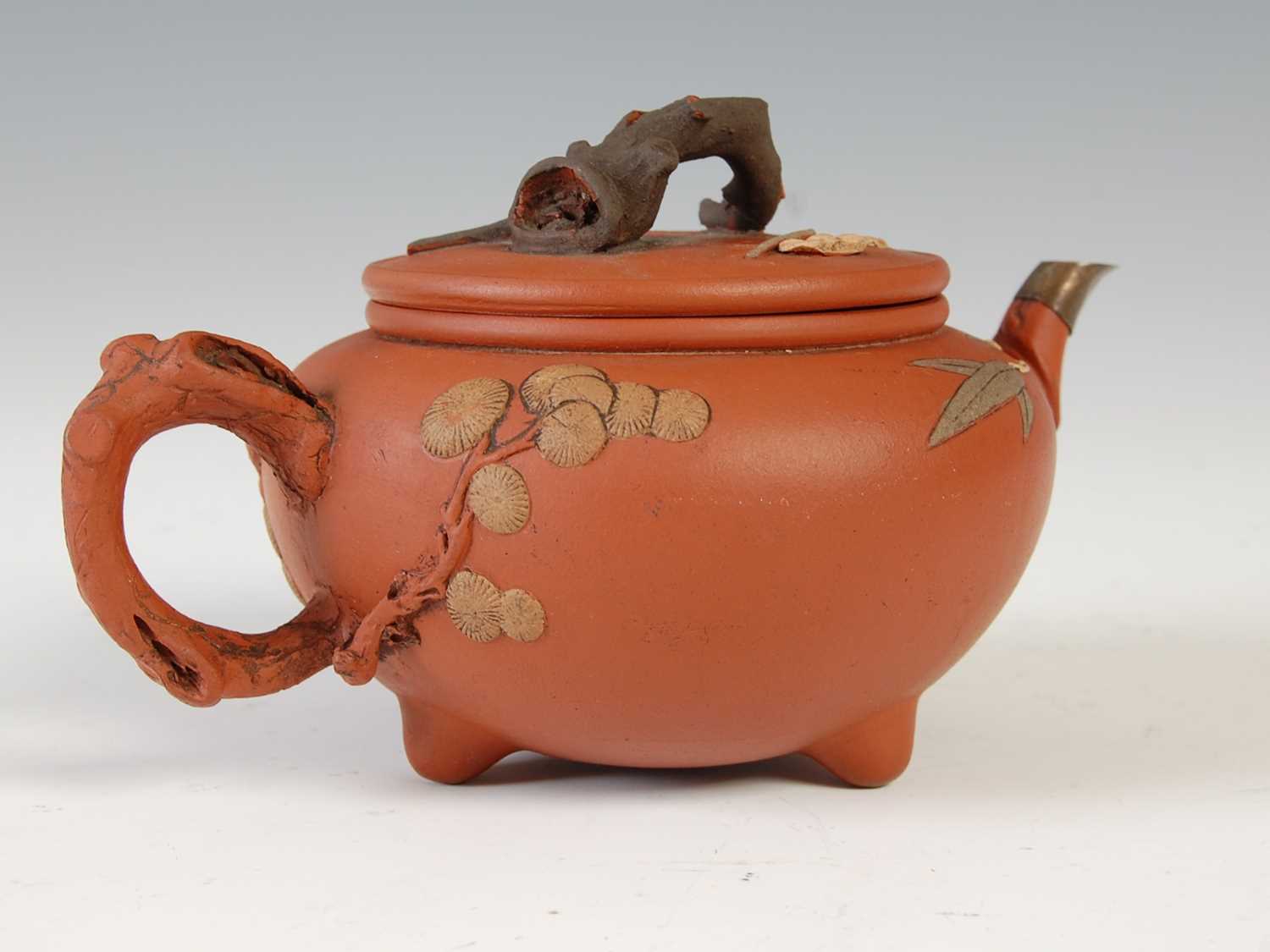 Three Chinese Yixing tea pots and covers, the largest decorated in relief with pine trees and - Image 3 of 14