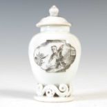 A Chinese porcelain miniature tea canister and cover, Qing Dynasty, decorated en grisaille with