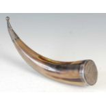 A late 19th/ early 20th century white metal mounted horn, approximately 36cm long.