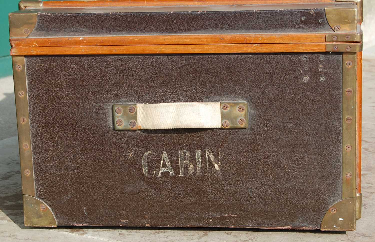 A smart 20th century teak canvas and brass bound cabin trunk, the hinged cover inscribed ‘Major A. - Image 3 of 7
