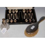A cased set of twelve London silver teaspoons and tongs, a Sterling silver mounted perfume atomiser,