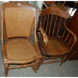 A vintage spindle back armchair together with a beechwood rocking chair with canework back and seat