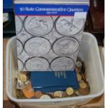 A box of mixed coinage from various nationalities to include two 'Britain's First Decimal Coins'