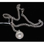 A silver watch chain suspending a Birmingham silver circular-shaped medallion, 40.5 grams gross