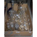 Box - assorted glassware to include decanters, stoppers, drinking glasses