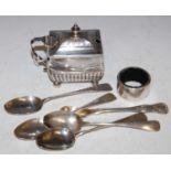 A group of silver items comprising four London silver teaspoons inscribed ‘HWL’, makers mark’ RB’,