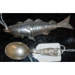 An articulated white metal fish-shaped scent bottle with hinged head section, together with a