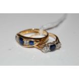 Two rings to include a yellow metal, sapphire and diamond five stone ring, set with a rectangular