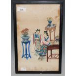 A Chinese watercolour on pith paper, Qing Dynasty, depicting two ladies, tables, urn stands and