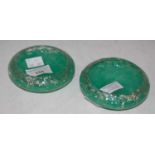 A pair of Monart pin dishes shape 'Y', mottled clear and green glass with silver coloured