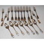 A Victorian part suite of silver flatware, London 1836 and later, comprising seven fiddle pattern