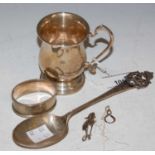 A collection of silver to include Birmingham silver christening mug, Sheffield silver spoon the