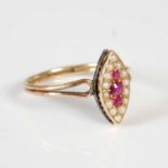 A yellow metal, synthetic ruby and split pearl ring, gross weight 2.1 grams.