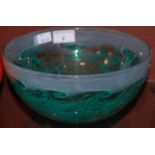 A Monart bowl mottled blue and green with band of typical whorls, 22cm diameter.