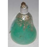 A rare white metal mounted Monart glass perfume bottle, mottled clear and green glass with silver