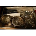 A box of mixed EPNS and other metal wares to include flatware, dishes, etc.