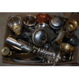 Box - mixed metalware to include brass candlesticks, pewter tankard etc