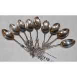 A set of eight silver Art Nouveau teaspoons, makers mark ‘J D & S’, date mark ‘P’ for 1907-8,