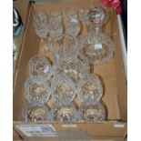 Box - assorted glassware comprising decanter and stopper, water jug, seven brandy type glasses,