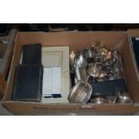 Box - assorted EPNS and other metal wares comprising EPNS serving tray with bun feet, EPNS cream