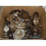 Box - Mixed EPNS and other metalwares, part tea sets, salts and peppers, dishes etc